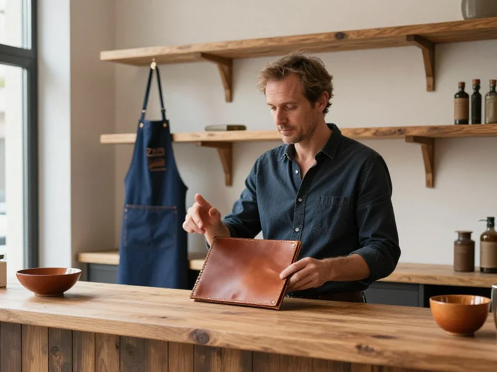 Artisan français présentant ses produits, illustrant la prise de décision et l'avancement d'un projet.