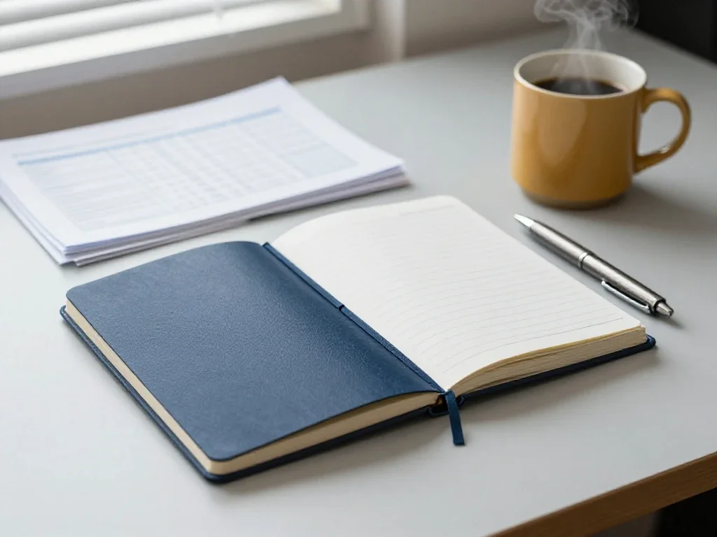 Carnet ouvert et café sur un bureau organisé pour la prise de décision stratégique en entreprise.