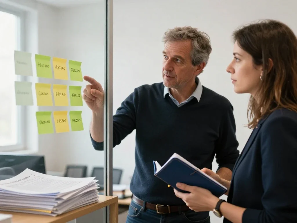 Deux collègues collaborent devant un mur de notes pour prendre des décisions stratégiques en entreprise.