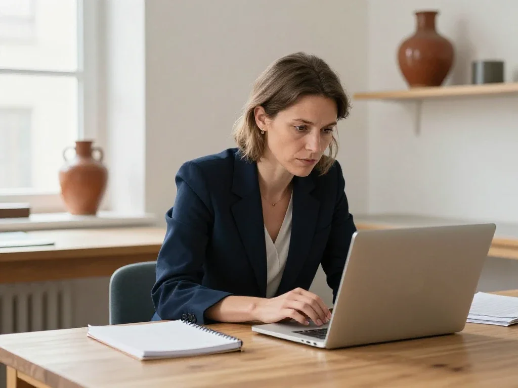 Entrepreneure européenne concentrée sur son ordinateur pour décider et faire avancer son entreprise.